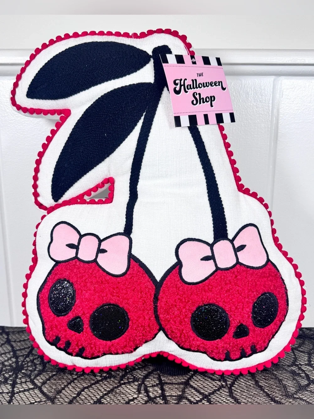 NEW The Halloween Shop Cherry Skulls with Pink Bows Halloween Pillow